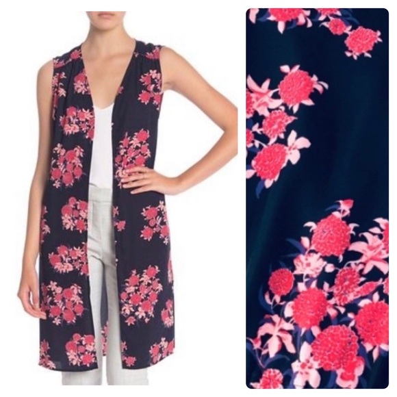 PLEIONE NWT Navy Blue & Pink Floral Open-Front Kimono Size Small/Petite NWT - Picture 8 of 9